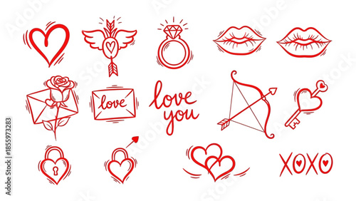 Romantic Emblems: A charming collection of hand-drawn red illustrations, featuring hearts, cupid, ring and other romantic icons, perfect for expressing love.