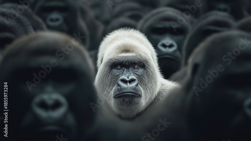 White gorilla standing out among black gorillas