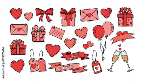 Valentine's Day Icon Set: A vibrant collection of romantic vector illustrations, featuring hearts, gifts, bows, and love-themed elements, perfectly suited for conveying affection and celebrating love.