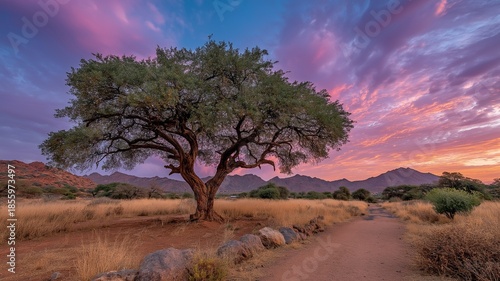 Colorful desert sunset over white sand dunes.