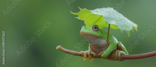 Cute Frog Taking Cover under a Leaf During Rain