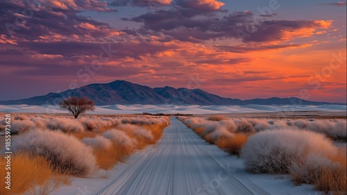 Colorful desert sunset over white sand dunes.