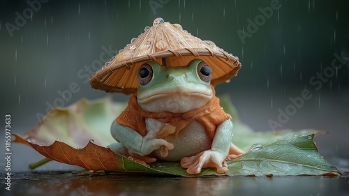 Cute Frog Taking Cover under a Leaf During Rain