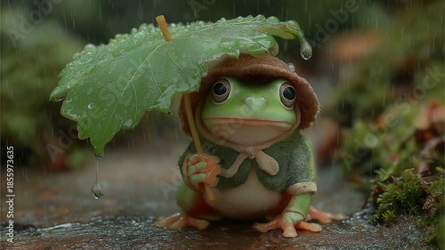 Cute Frog Taking Cover under a Leaf During Rain