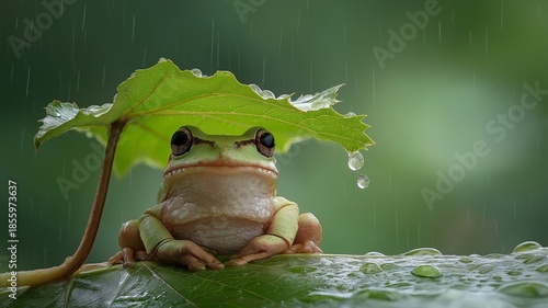 Cute Frog Taking Cover under a Leaf During Rain