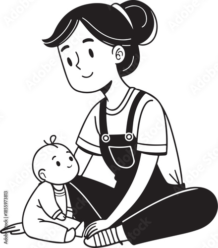 Baby Sitter or Mom with Baby Playing Hand-drawn Sketch Drawing Vector Illustration, Line Linear Symbol Engraving Coloring Book, Black and White Isolated