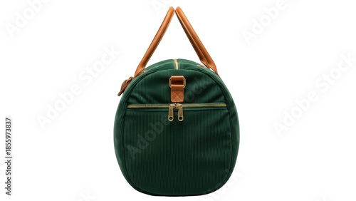 Cuadro en lienzo Isolated green duffel bag with brown leather handles for overnight trip or trave