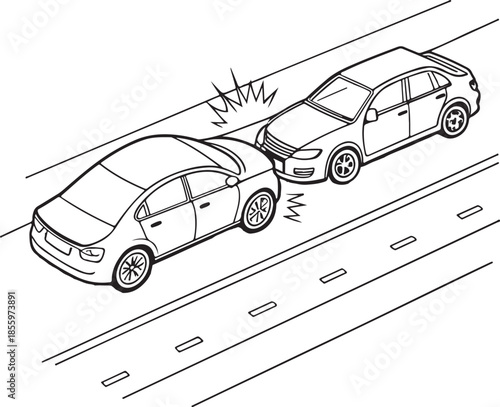 Two Cars Crushed in Car Accident Hand-drawn Sketch Drawing Vector Illustration, Line Linear Symbol Engraving Coloring Book, Black and White Isolated