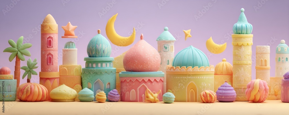Fototapeta premium Playful 3D Clay Illustration of Festive Eid-Themed Decorations and Elements