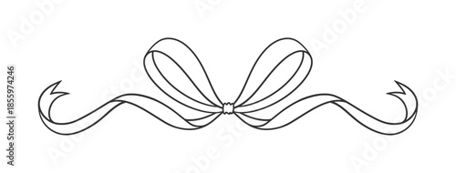 Coquette bow black, thin line drawing. Hand drawn simple illustration of vintage tied ribbon. Wedding, birthday gift sketch in retro style. Cute girly vector illustration. Doodle lace.