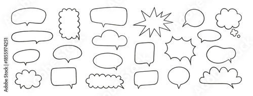 Crayon speech bubble set. Chat talk boxes. Line chalk hand drawn frames. Kid doodle style. Dialogue balloon cloud. Pencil drawing, black thought elements on white background. Vector illustration