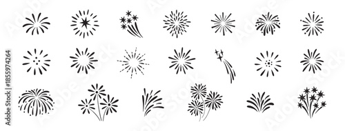 Firework doodles and festive hand drawn firecrackers, big set. Minimal sketch style celebration icons with stars, sparkles, explosive bursts. For birthday, carnival, holiday event. Vector illustration