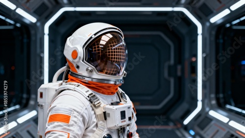 Astronaut in a futuristic space corridor