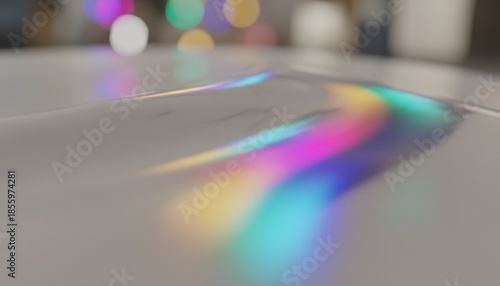 Prismatic spectrum of light refracts across a textured surface creating a vibrant, abstract visual effect with bokeh highlights.