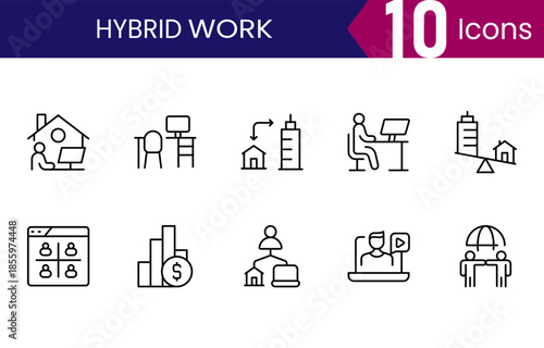 Hybrid and remote work icons for modern workplaces, flexible teams and digital collaboration, modern vector symbols for web platforms and UI UX