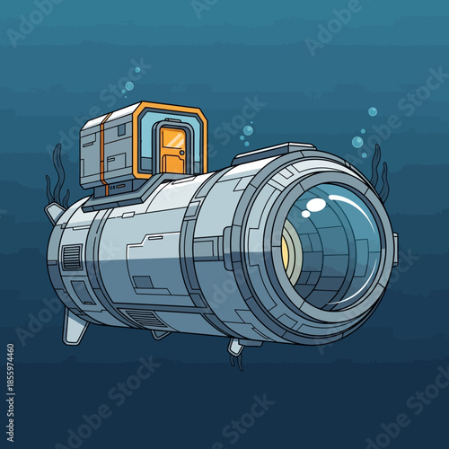 Cartoon-style futuristic submarine, grey hull with orange accents, featuring a large front viewport and top hatch, for deep-sea exploration.