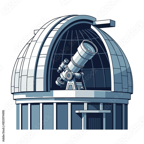 Detailed illustration of a modern astronomical observatory building with a large telescope visible inside its open dome, ready for stargazing.