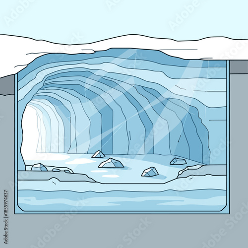Illustrative cross-section of a blue ice cave, showing light rays illuminating icy formations and a tunnel.
