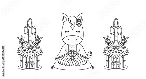 A cute coloring book page featuring a cartoon horse in a traditional kimono sitting between two Japanese New Year kadomatsu.