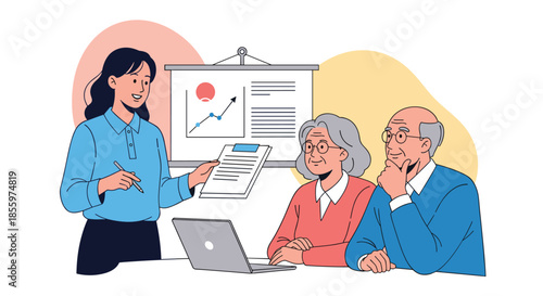 A financial advisor or saleswoman gives a presentation about growth and investment to an interested senior couple at a table.