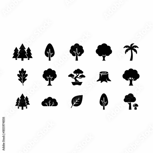 Collection of diverse black silhouette tree and plant icons on a white background, featuring various species and natural elements.