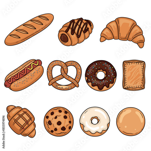 Hand-drawn vector collection of delicious bakery items including croissants, donuts, pretzels, hot dogs, cookies, and fresh bread loaves.
