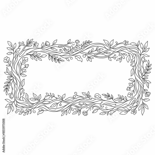 Intricate line art drawing of a rectangular frame composed of intertwined branches, delicate leaves, and small blossoms, creating a natural border.