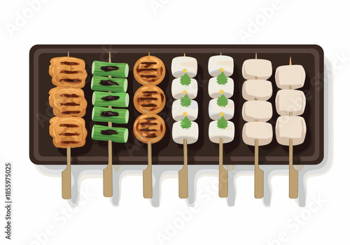 Delicious illustration of various grilled skewers including yakitori, scallions, and mushrooms served on a dark brown rectangular platter.