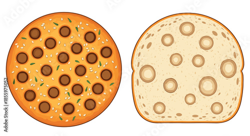 Top view cartoon illustration of a whole sausage pizza with sesame crust and a slice of white leavened bread.