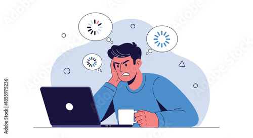 A frustrated and angry man watches a slow loading icon on his laptop screen representing a bad internet connection or slow computer.