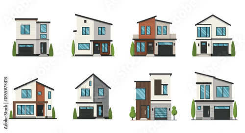 A collection of different modern two-story houses and homes with clean lines and contemporary architectural designs.
