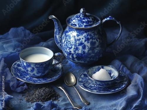 A still life picture shows a vintage cobalt blue porcelain tea set. It includes a spoon with sugar, a sugar bowl, a milk jug, and dry tea leaves.
