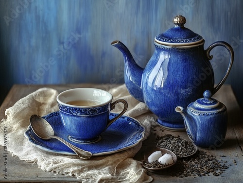 A still life picture shows a vintage cobalt blue porcelain tea set. It includes a spoon with sugar, a sugar bowl, a milk jug, and dry tea leaves.
