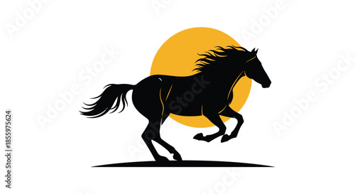 A powerful silhouette of a running horse with a flowing mane set against a bright yellow or orange sun on a white background.