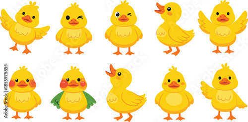 Collection of cute yellow duckling characters in different poses for children nursery designs greeting cards and educational spring illustrations.