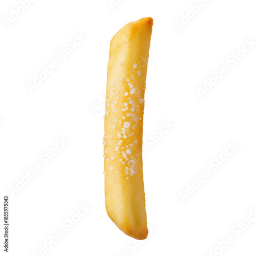 Single golden crispy french fry potato stick with salt crystals for fast food snack side