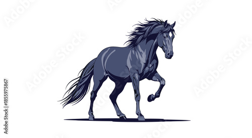 A powerful and elegant illustration of a dark gray horse with a flowing mane trotting gracefully on a white background.