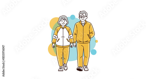 A happy senior couple wearing matching yellow tracksuits walks together for exercise maintaining a healthy and active lifestyle.