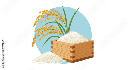 A wooden masu box is filled with fresh white rice next to a mature rice plant in a charming illustration of the harvest.