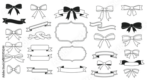 A large and versatile set of classic black and white ribbons bows and frames in a simple and elegant line art style.