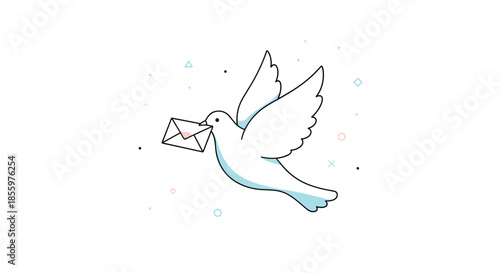 A cute and simple illustration of a white carrier pigeon or dove flying through the air while carrying a sealed love letter.