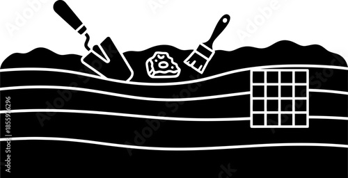 Minimalist Archaeological Excavation Site Icon Featuring Digging Tools, Fossil Discovery, and Grid Map