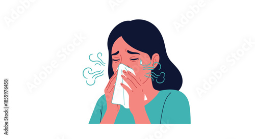 Illustration of a sick young woman with allergies or a cold blowing her nose into a tissue with tears in her eyes.