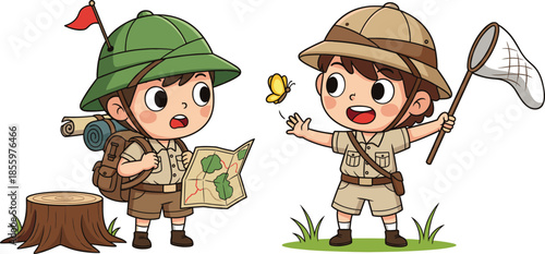 Cute cartoon safari explorer boys with backpack map and butterfly net in nature isolated on white background.
