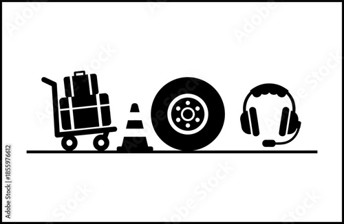 Minimalist Aviation Logistics Icon Set with Luggage Cart, Traffic Cone, Aircraft Tire, and Pilot Headset