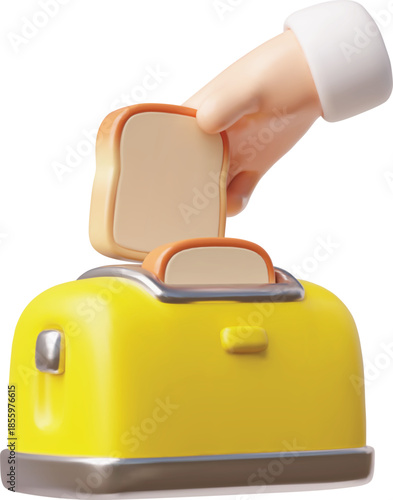 Hand holds bread slice and toaster 3D plastic style vector icon, cartoon fry toast cooking, kitchen appliances