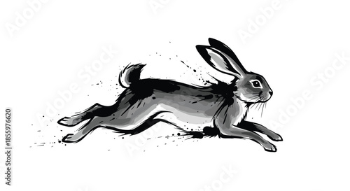 Dynamic ink wash style illustration of a wild hare running quickly with black paint splatters on a white background.