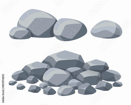 A collection of smooth gray rocks and a small pile of stone fragments