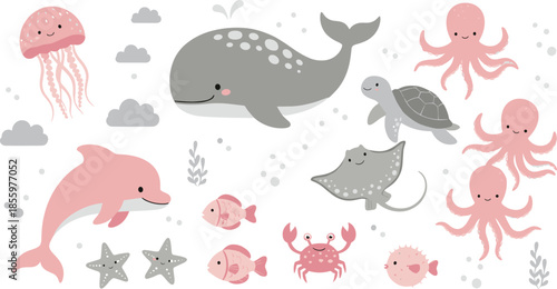 Cute sea life collection featuring pink dolphin whale jellyfish octopus and turtle characters for nursery and baby shower designs.