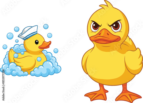 Cute yellow duckling taking a bubble bath with sailor hat and an angry duckling character for emotional expression designs.